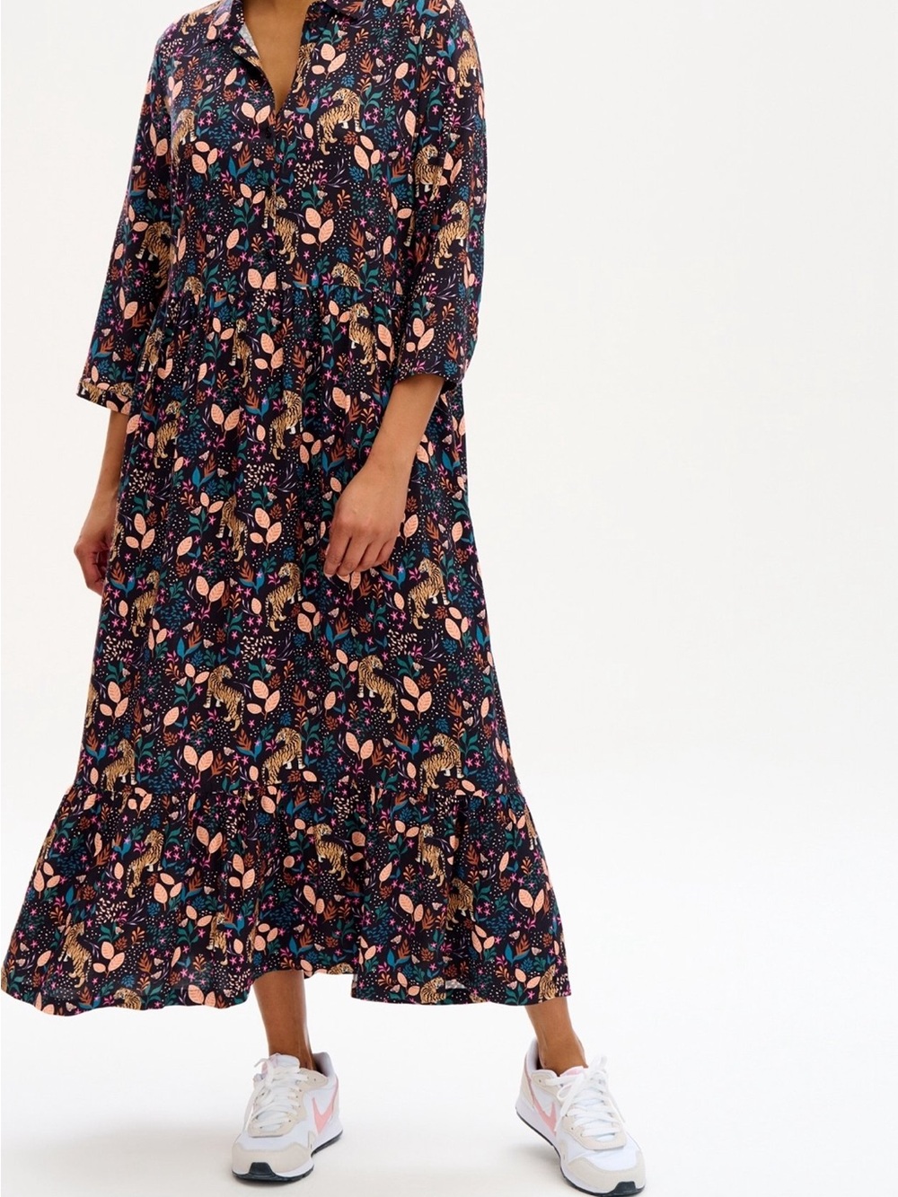 Sugarhill Brighton Tiered Maxi Shirt Dress Black with Peach Floral Tiger Print
